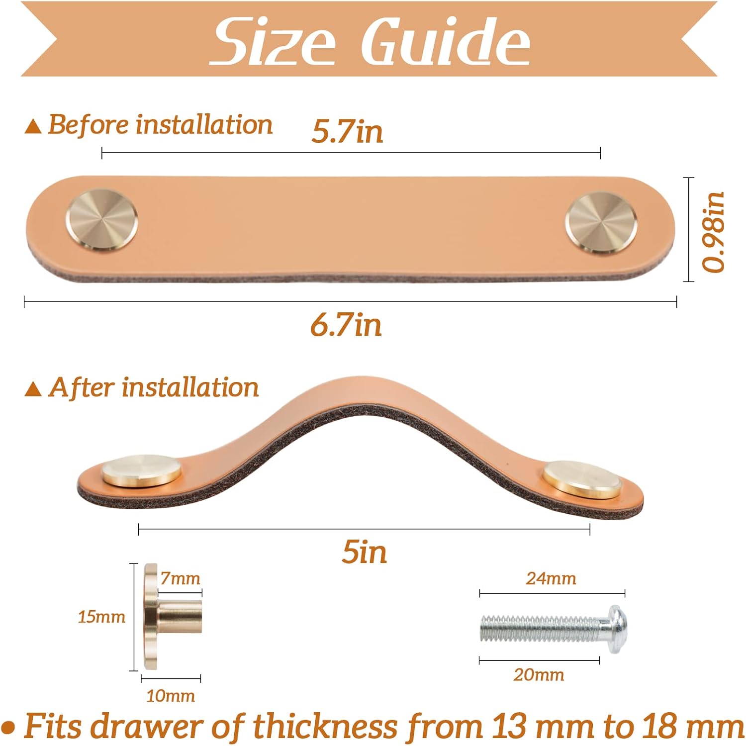 pcs Leather Furniture Handles, Cabinet Door Knobs in Leather, Drawer Handles, Vintage Furniture Handles for Cabinets, Dressers, Kitchens - Light Coffee, 128 mm