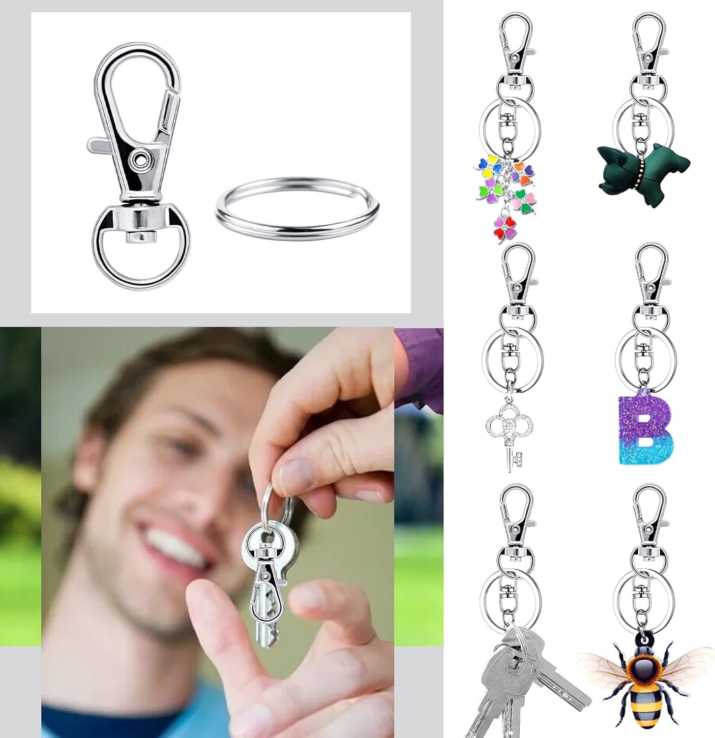 Small Stainless Steel Keychains, 100pcs Carabiner Keychains, DIY, DIY Ring, Button Lock, (Silver)