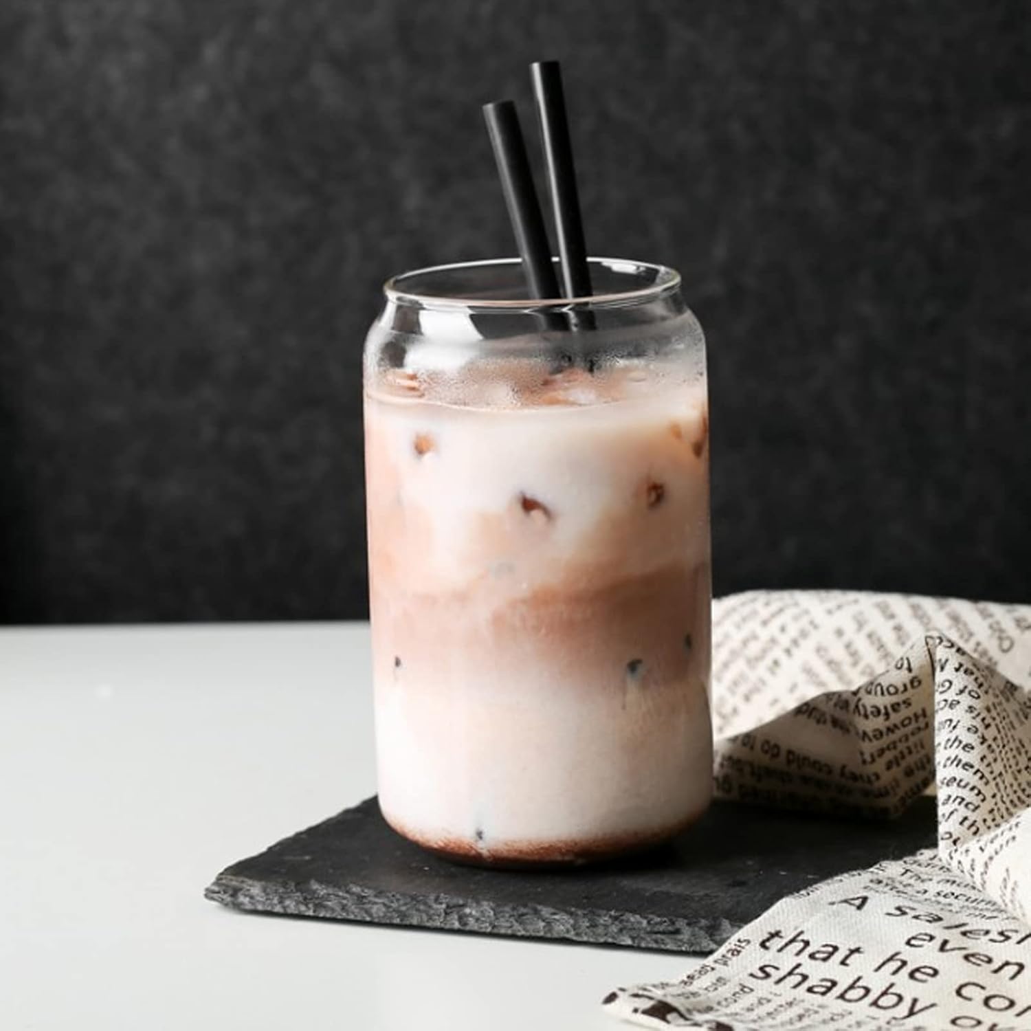 pcs Drinking Glasses with Bamboo Lid and Straw, Beer Can Shaped Iced Coffee Cup for Milk, Coffee, Ice Water, Cocktail (500ml)