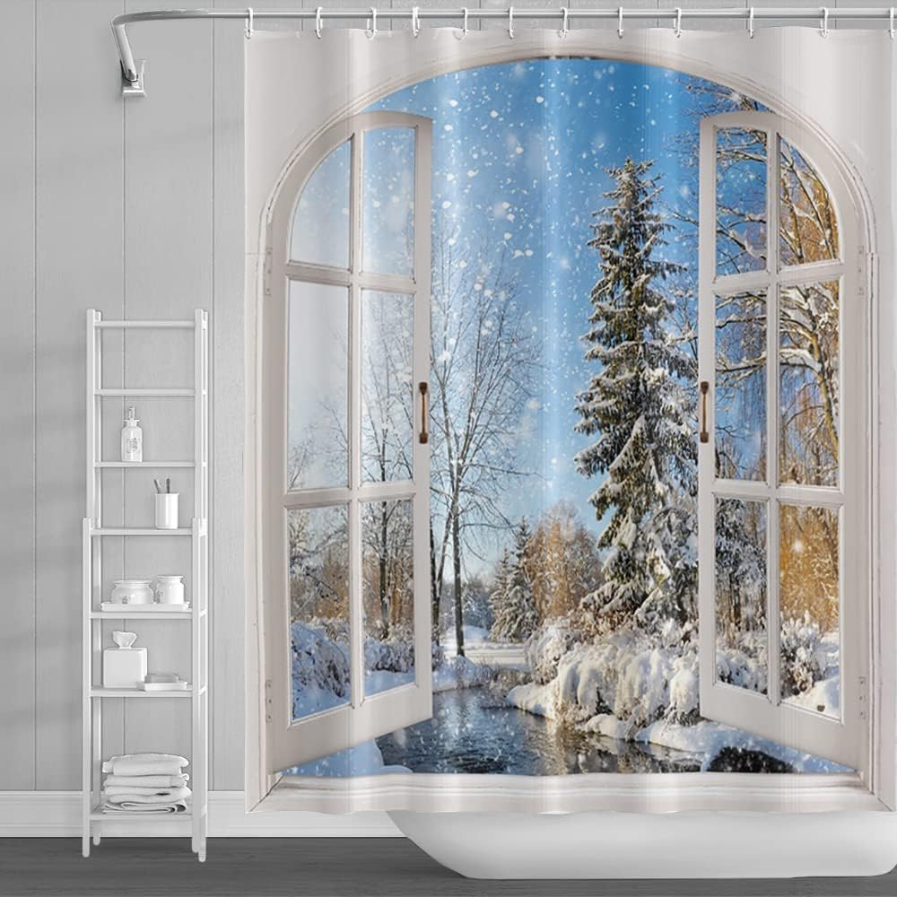 Winter Snowy Shower Curtain, Window View Blue Sky Winter Christmas Tree River Nature Snowy Scene Bath Curtains for Holiday 180cm x 180cm