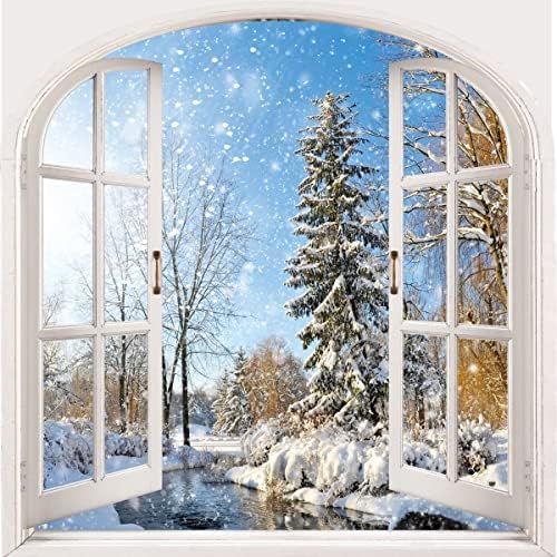 Winter Snowy Shower Curtain, Window View Blue Sky Winter Christmas Tree River Nature Snowy Scene Bath Curtains for Holiday 180cm x 180cm