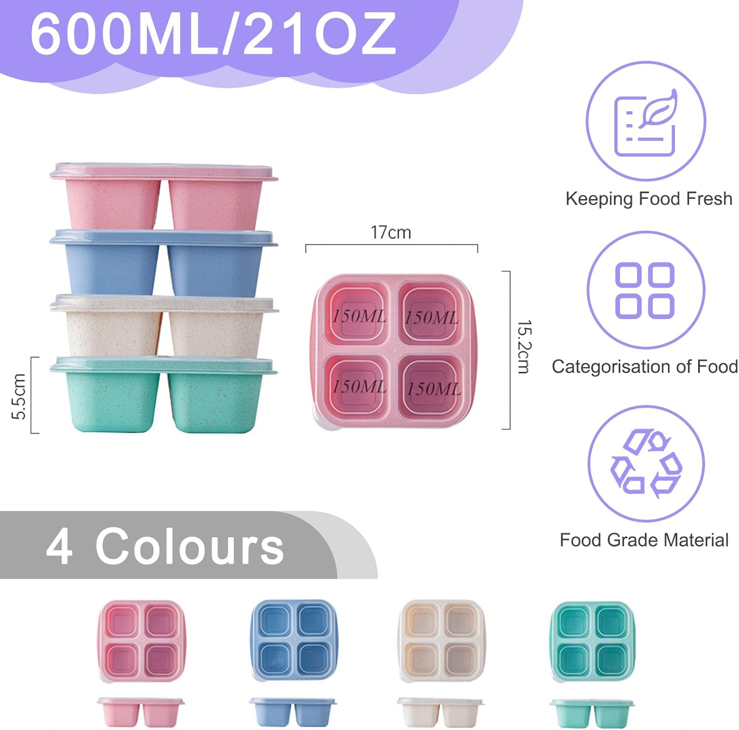 4-pack snack boxes with compartments, snack containers for kids and adults, 4-compartment bento lunch boxes