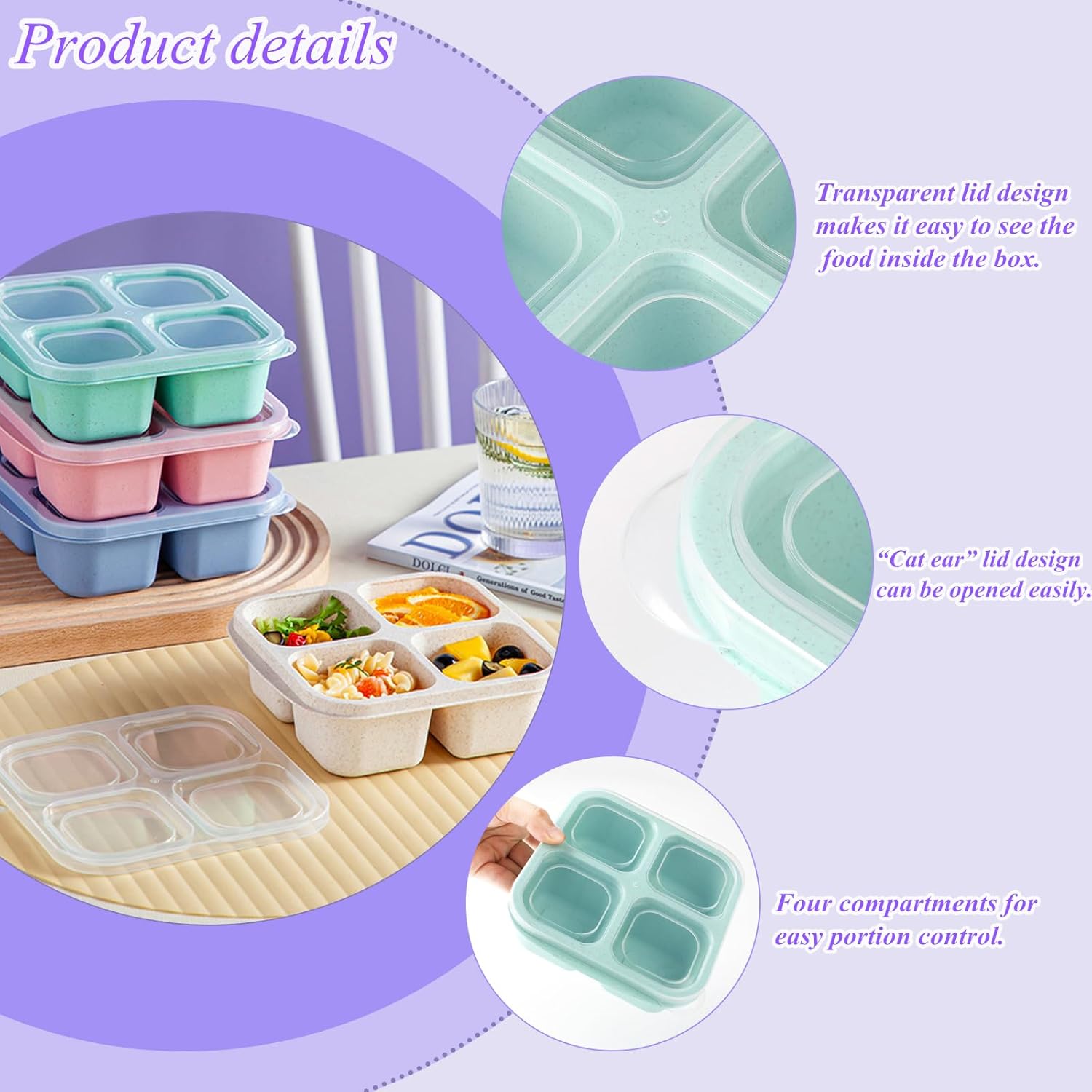 4-pack snack boxes with compartments, snack containers for kids and adults, 4-compartment bento lunch boxes