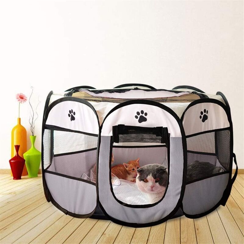 Foldable Playpen for Pets Dogs Cats Portable Soft Fabric Kennel Indoor Outdoor Gray 74*74*43