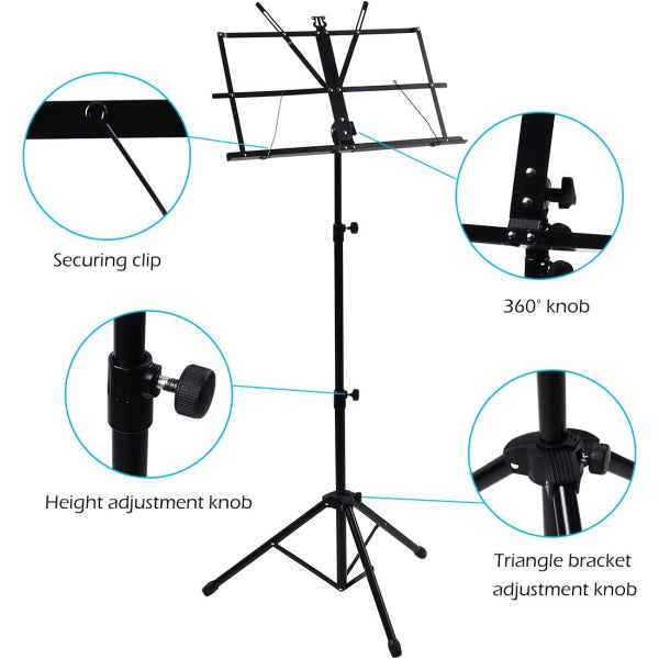 {CA}Adjustable Music Stand, Portable Foldable Metal Stand with Carrying Bag, Lightweight for Storage or Travel, Black