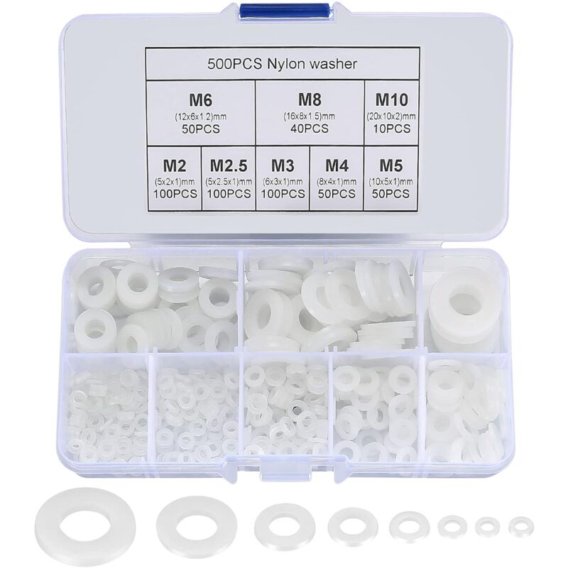 500 Pieces Nylon Flat Washers, Flat Washers Insulation Round Spacer Plumbing Assortment Kit - White, M2/M2.5/M3/M4/M5/M6/M8/M10