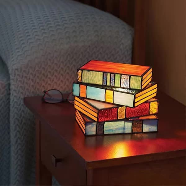 Stained Glass Stacked Books Lamp, Stacked Books Glass Lamp Night Light, Reading Corner Table Lamp, Book Lamps, Table Lamp Home Decor