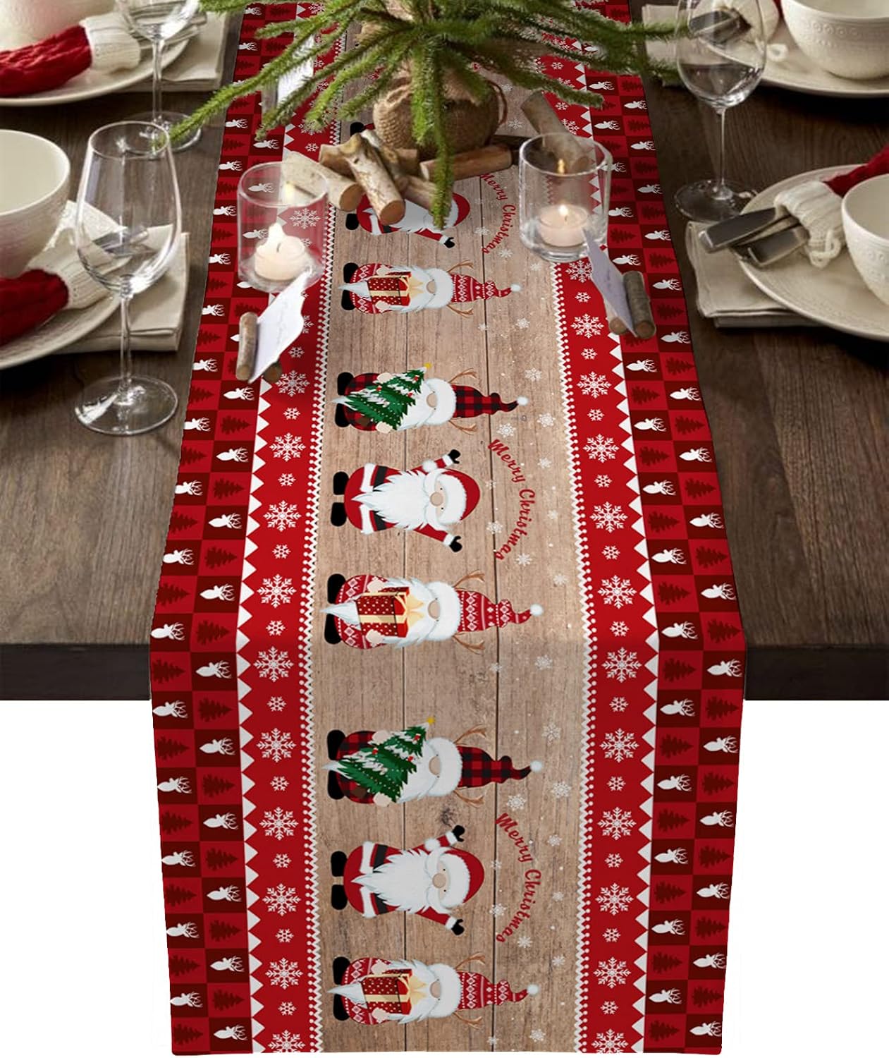Christmas Table Runner, Rustic Red Checkered Santa Runner for Christmas and Birthday Parties, Kitchen and Dining Tables, Home Decor, 46x183 cm (W)_tfrf