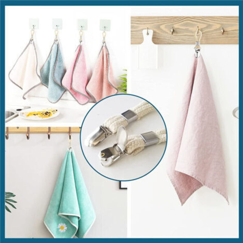 Towel Clamps 5-Pack Metal Towel Hooks for Kitchen Bathroom with Braided Cotton Holder Compatible with Dishcloths