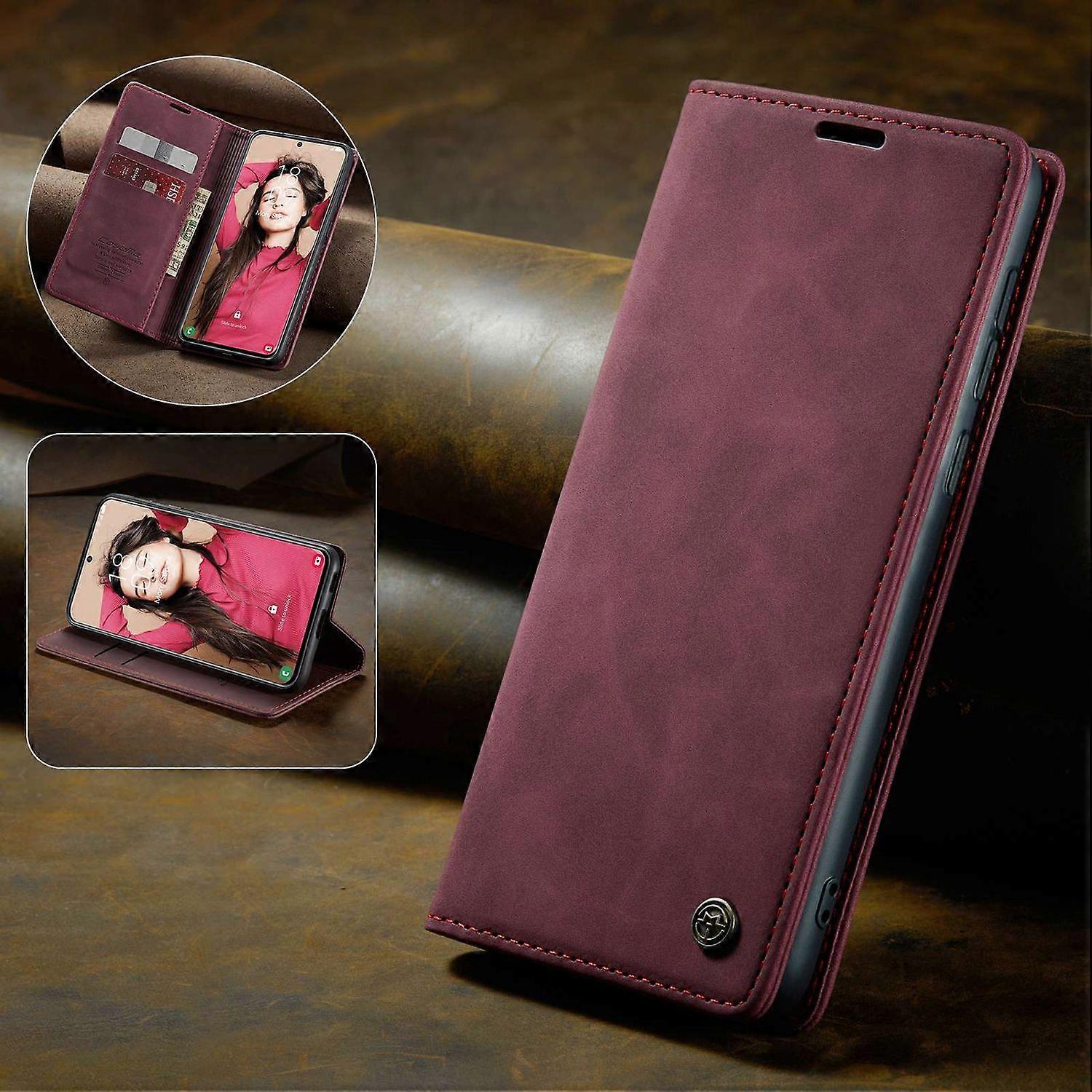 CASEME 013 Series Samsung Galaxy S21 FE Wallet Case Stand Automatic Suction PU Leather Case Red_yux Red Red