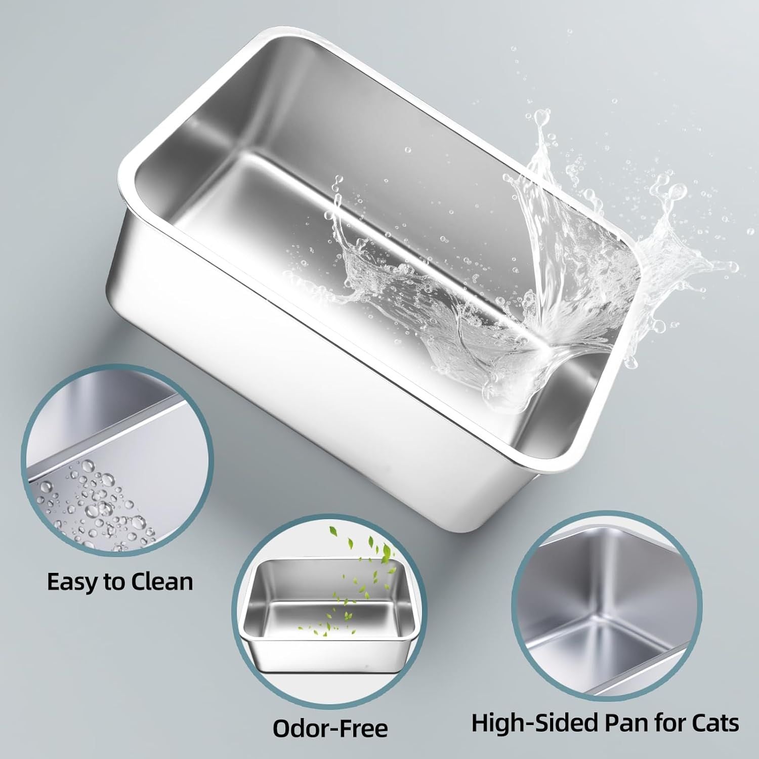 Stainless Steel Cat Litter Box - Large Metal High-Sided Pan for Cats, Pets, Non-Stick, Odor-Free, Easy to Clean, Splash-Proof, Durable (23.6" L x 15.8" W x 8" H)