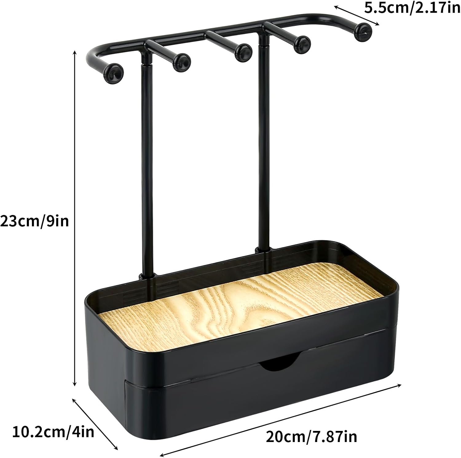 Industrial Jewelry Organizer with Wooden Tray - Necklace Holder & Storage for Women - Black - Gift Idea