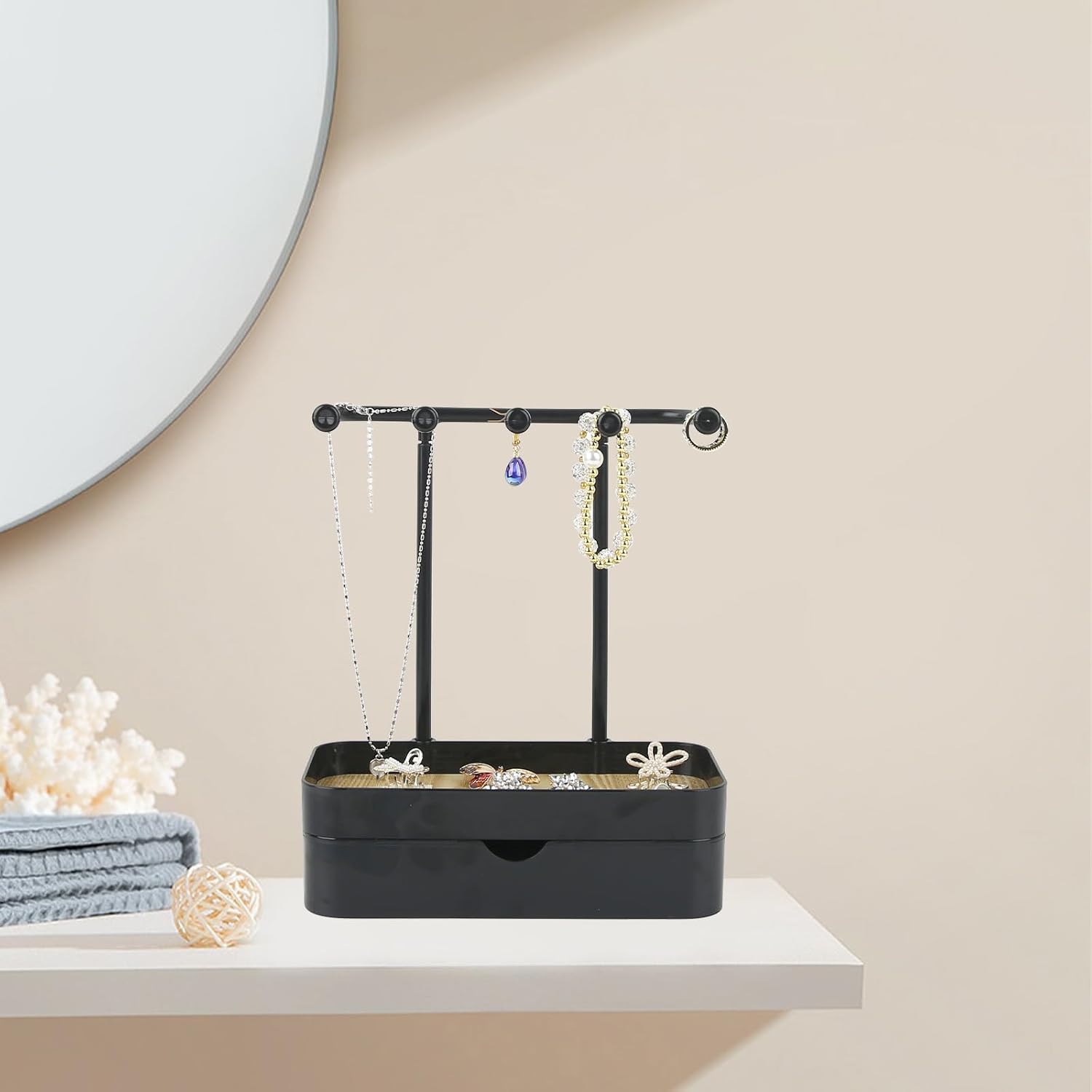 Industrial Jewelry Organizer with Wooden Tray - Necklace Holder & Storage for Women - Black - Gift Idea