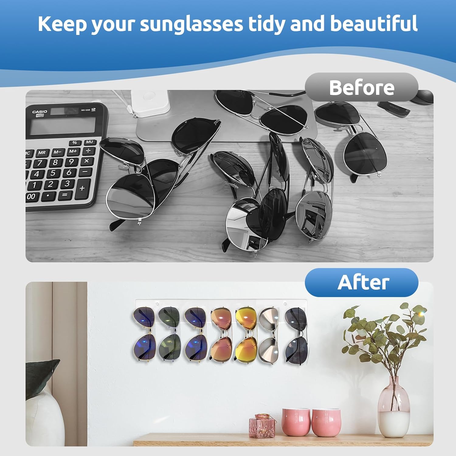 Wall Mounted Sunglasses Organizer Set of 2 Acrylic Rack Holds 14 Glasses No Drill Hanging System Transparent