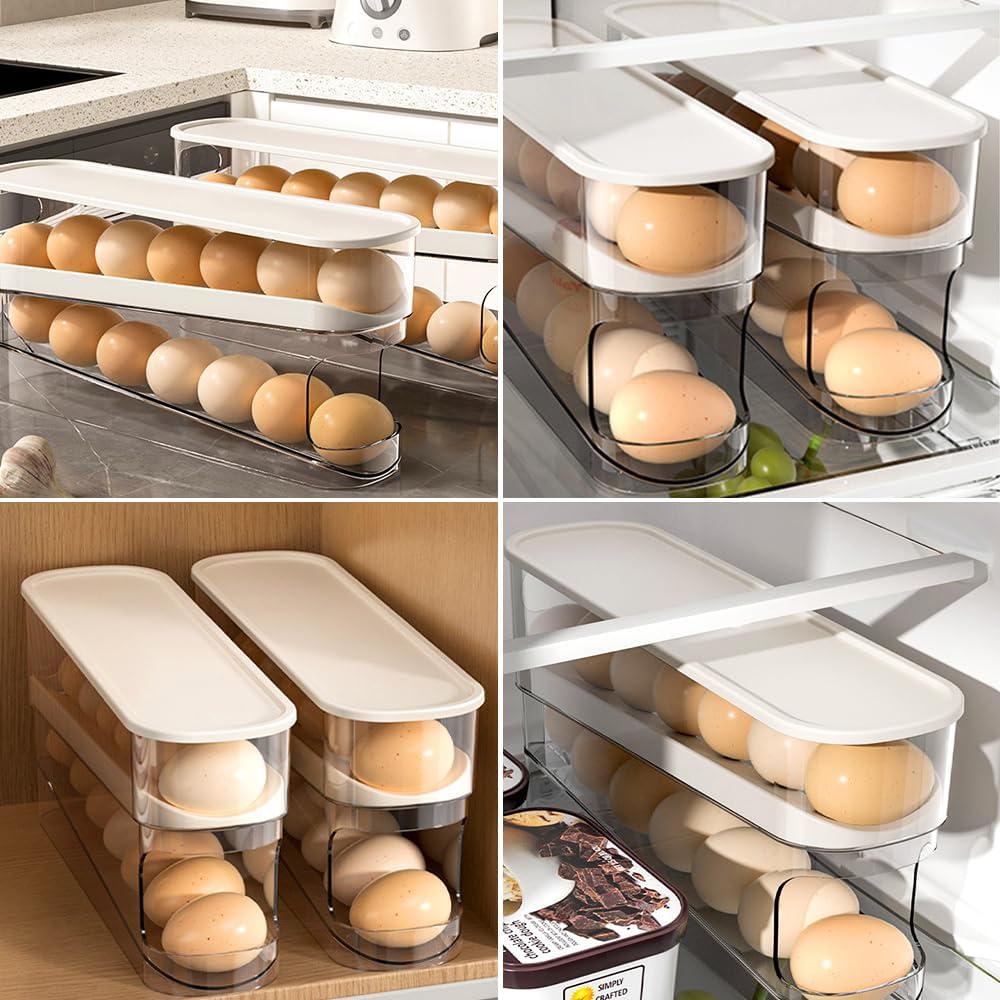 Automatic Rolling Egg Holder 14 Egg Dispenser Plastic Fridge Organizer Double Layer Egg Rack