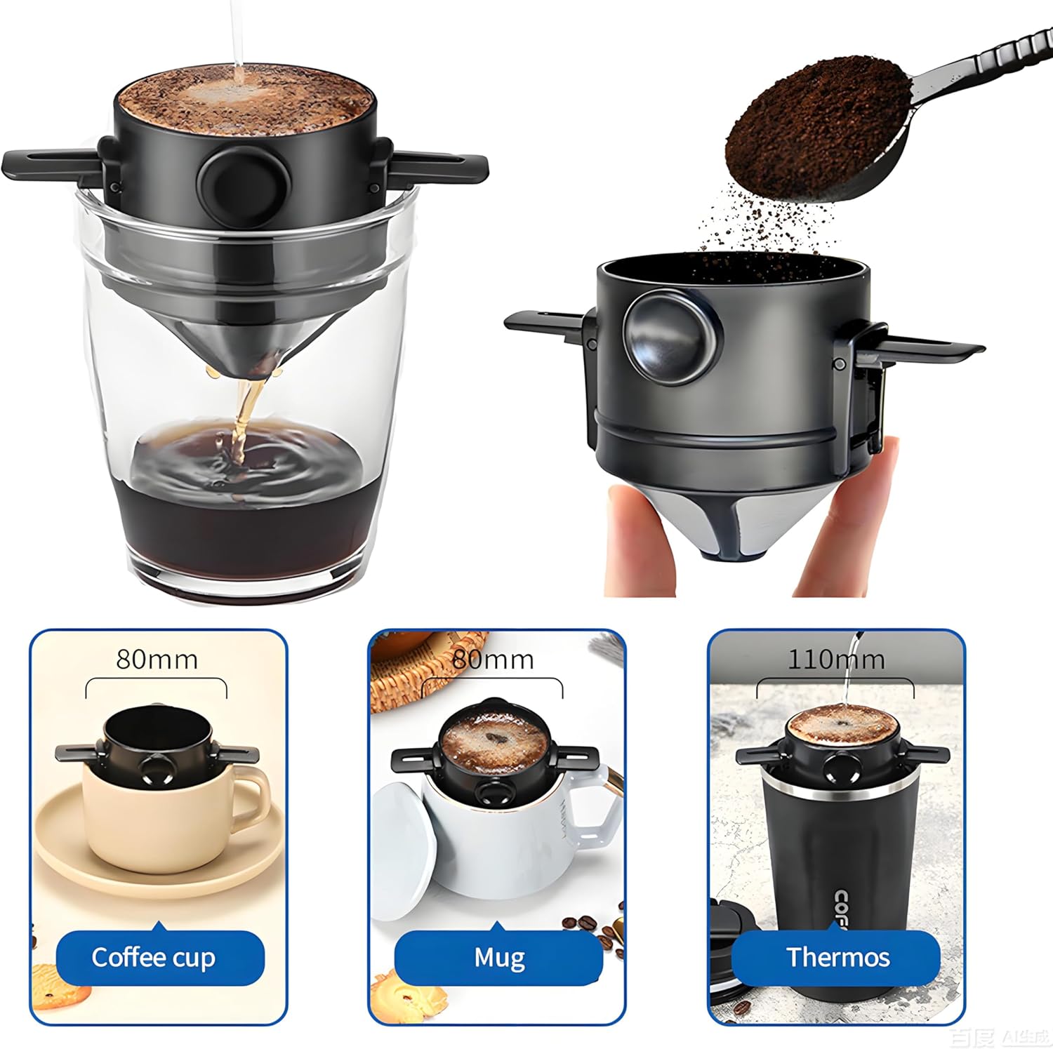 Reusable Stainless Steel Pour Over Coffee Dripper Filter Holder for Sustainable Slow Coffee at Home & Travel Black