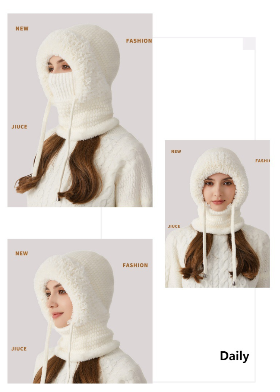 Winter Corn Velvet Hooded Scarf Mask Set - Thick Fleece Lined Knit Cap for Women - Warm Balaclava Neck Warmer for Extreme Cold - Off White
