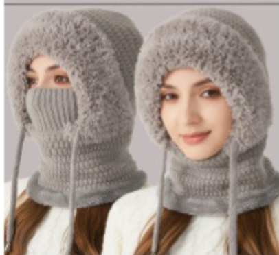 Winter Corn Velvet Hooded Scarf Mask Set - Thick Fleece Lined Knit Cap for Women - Warm Balaclava Neck Warmer for Extreme Cold - Pink
