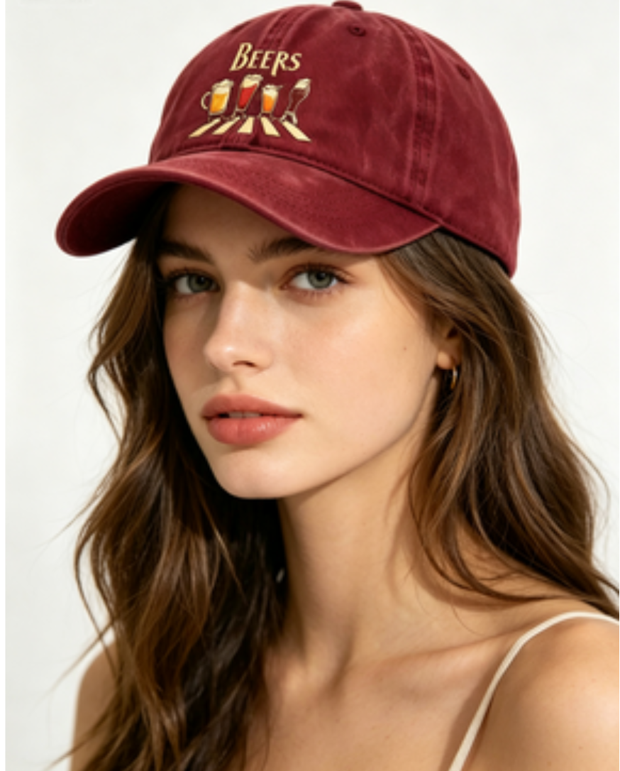Washed Distressed Beer Print Baseball Cap - Vintage Cotton Adjustable Dad Hat for Men - Outdoor Sun Protection Casual Cap - Wine Red