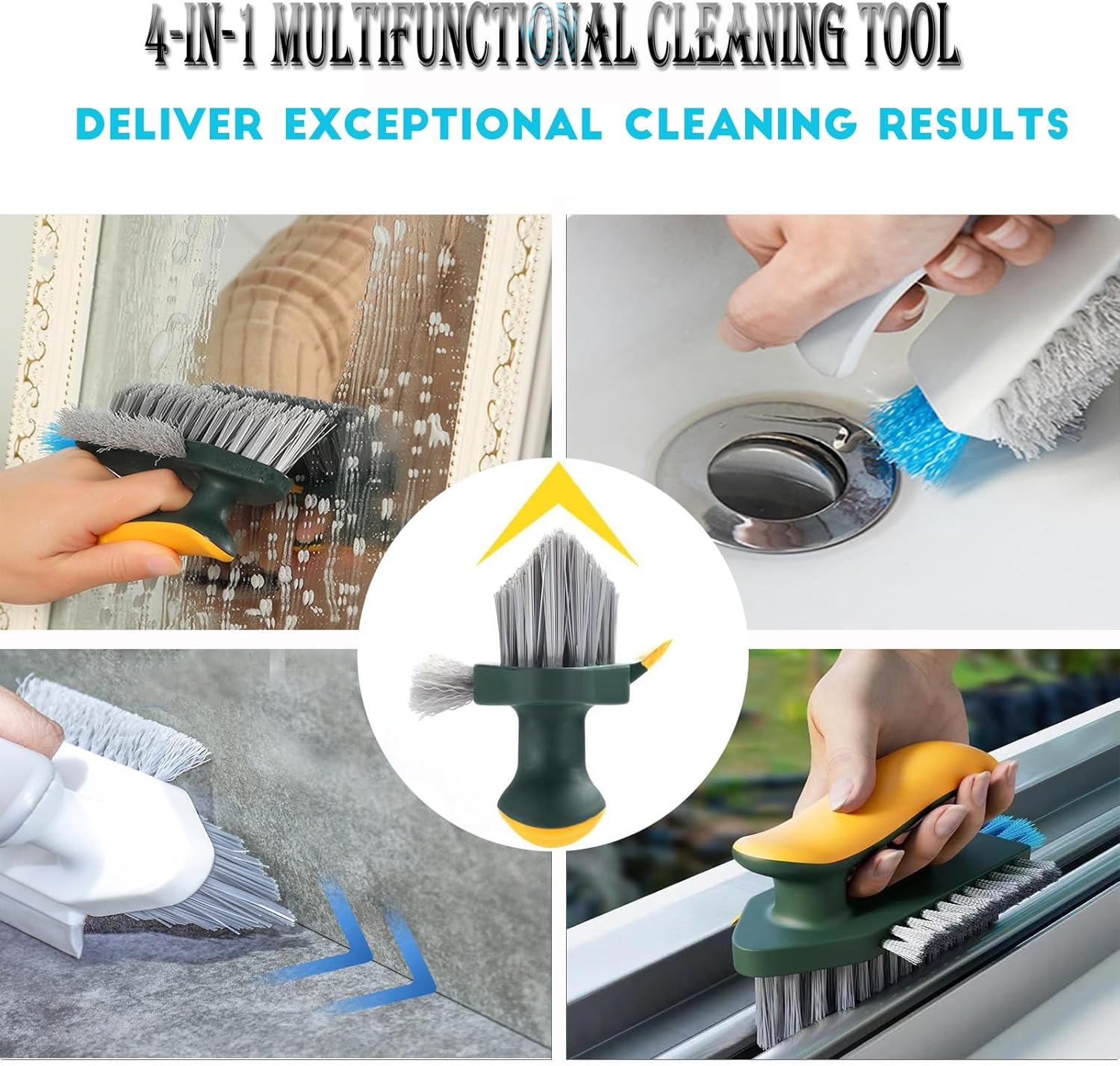 4-in-1 Grout Brush with Squeegee,Durable Bristles,Heavy-Duty Scrub Brushes for Cleaning Stiff Bristles Bathroom & Kitchen,Tile Floors Wall/Corner/Window (Green) Green