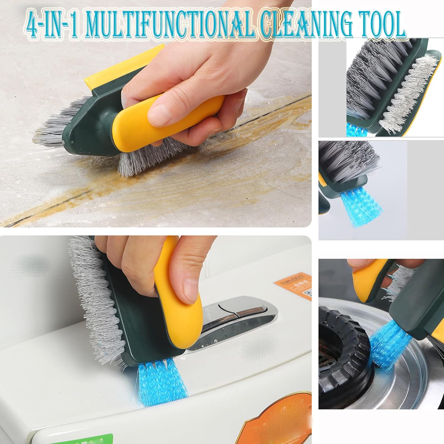 4-in-1 Grout Brush with Squeegee,Durable Bristles,Heavy-Duty Scrub Brushes for Cleaning Stiff Bristles Bathroom & Kitchen,Tile Floors Wall/Corner/Window (Green) Green