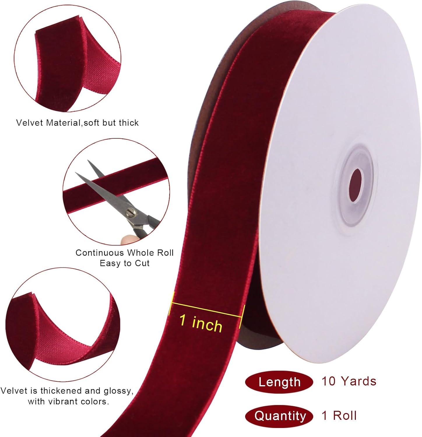 10 Yards Burgundy Velvet Ribbon 1 Inch for Christmas Tree, Dark Red Gift Wrapping Crafts Bow Wreath Holiday Decorations (Burgundy) 1"-10 Yard