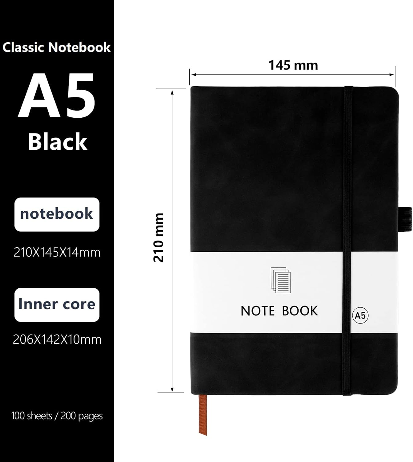 A5 Notebook, Notebook Note Book Pad Journal Notepad PU Leather for Office School Home Business Writing & Taking 200 Pages (100 Sheets)- Black