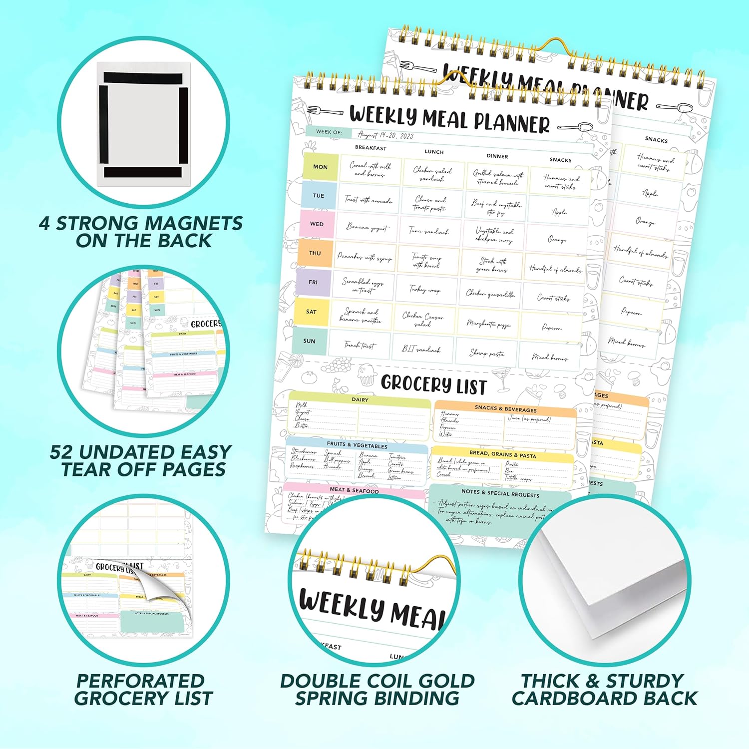 Petluno 52 Sheets Pastel Rainbow Undated Magnetic Weekly Meal Planner for Fridge with Grocery List and 4 Strong Magnets - 7x10in Spring-Bound, Refrigerator Mountable, Easy Tear-Off Design