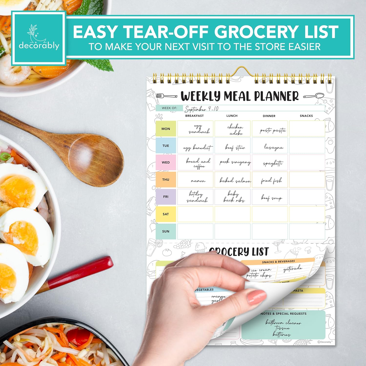 Petluno 52 Sheets Pastel Rainbow Undated Magnetic Weekly Meal Planner for Fridge with Grocery List and 4 Strong Magnets - 7x10in Spring-Bound, Refrigerator Mountable, Easy Tear-Off Design