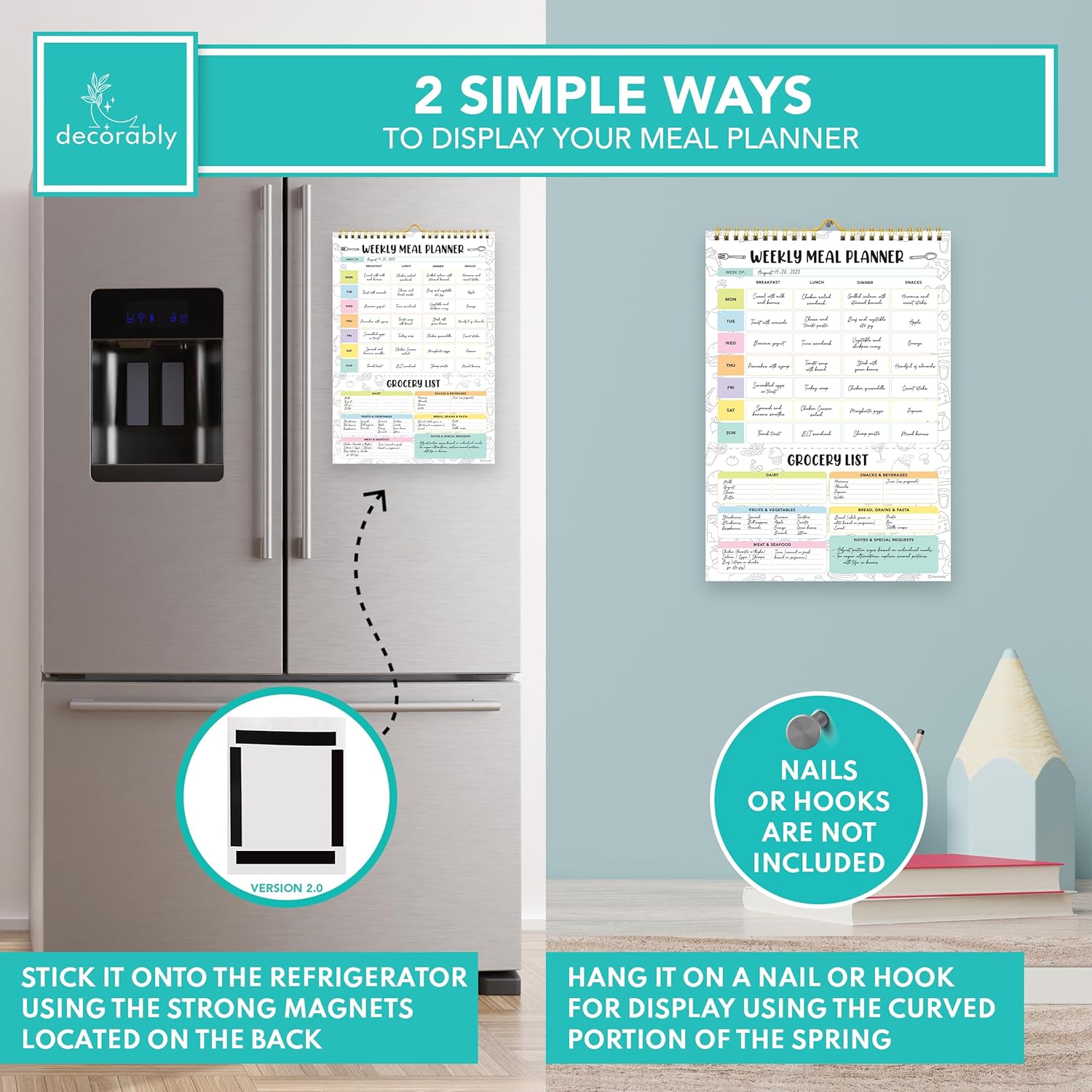 Petluno 52 Sheets Pastel Rainbow Undated Magnetic Weekly Meal Planner for Fridge with Grocery List and 4 Strong Magnets - 7x10in Spring-Bound, Refrigerator Mountable, Easy Tear-Off Design