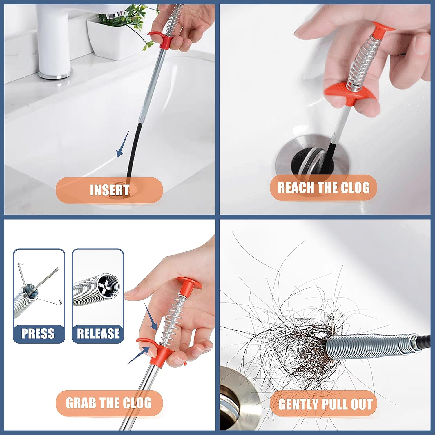 35.5-inch Drain Clog Remover (1 piece), 25-inch Snake Hair Remover (6 pieces) & Cleaning Brush (2 pieces), Catcher Auger Cleaner Tool Set For Toilet, Kitchen Sink, Bathroom Tub, Sewer, 9 Pack
