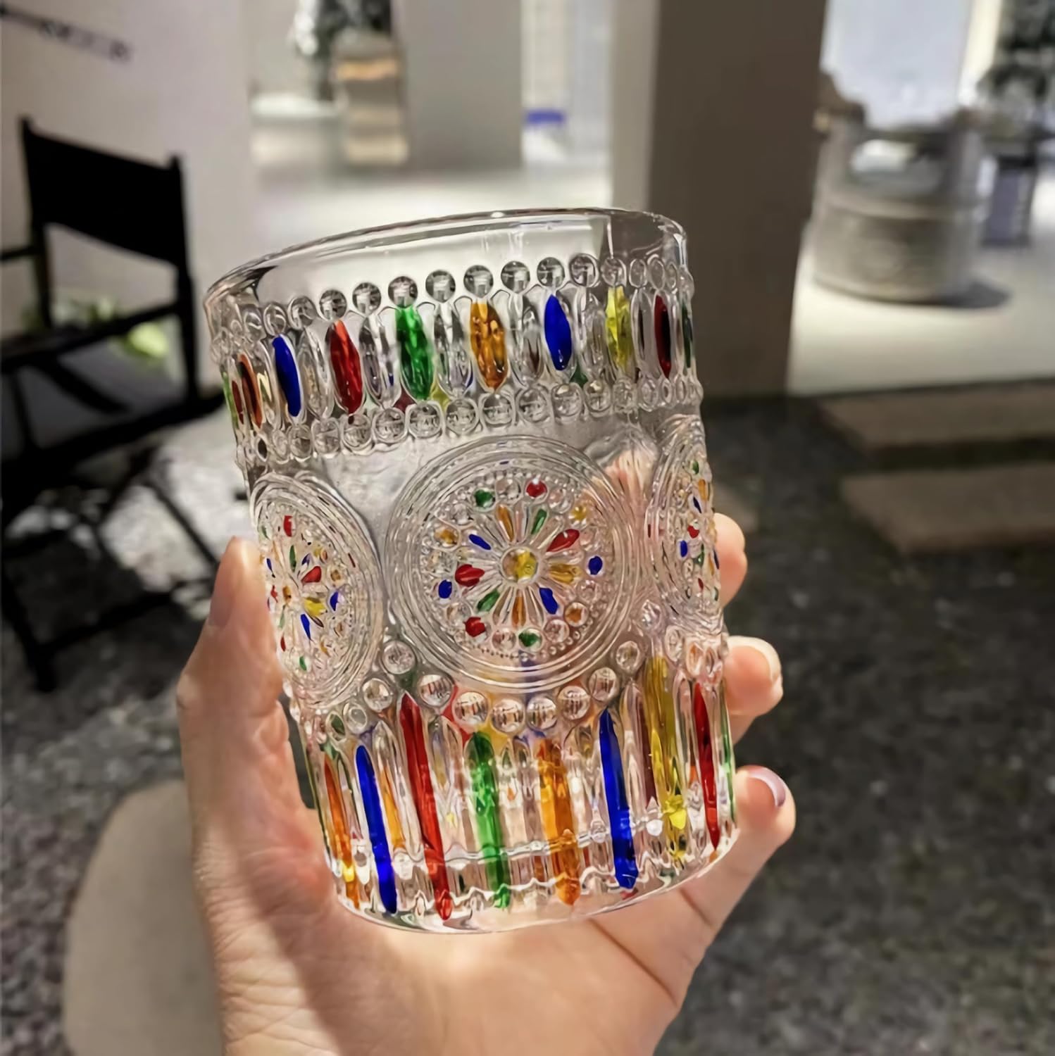 Petluno Hand Painted Stained Glass Whiskey Tumblers, Lead-Free Crystal Colorful Wine Glasses Old Fashioned for Drinking Bourbon, Scotch Whisky, Cocktails, Cognac - Father's Day Gift (Rainbow)