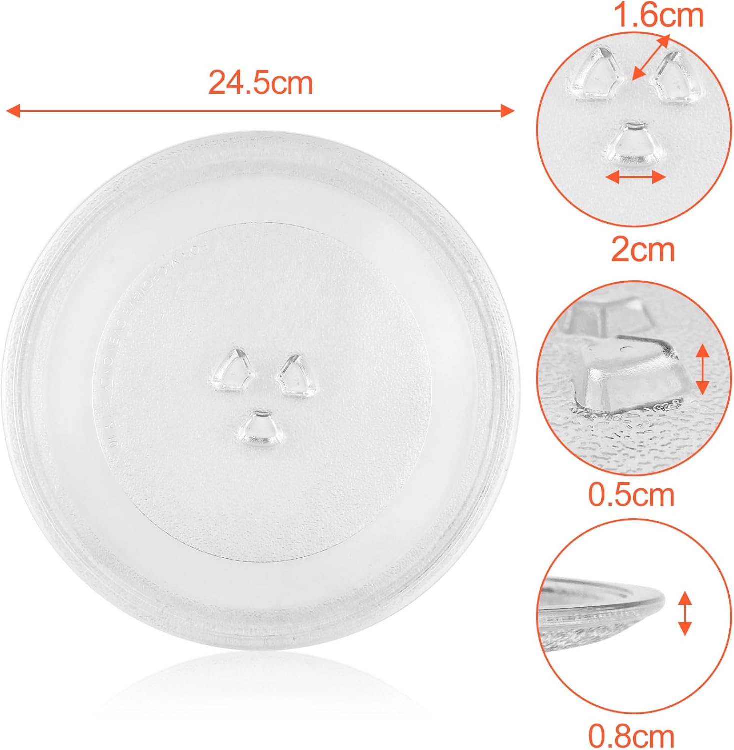 Magnetron plate, glass, 24.5 cm, microwave plate, turntable, glass plate, microwave accessories, replacement turntable with 3 attachments for standard round microwaves