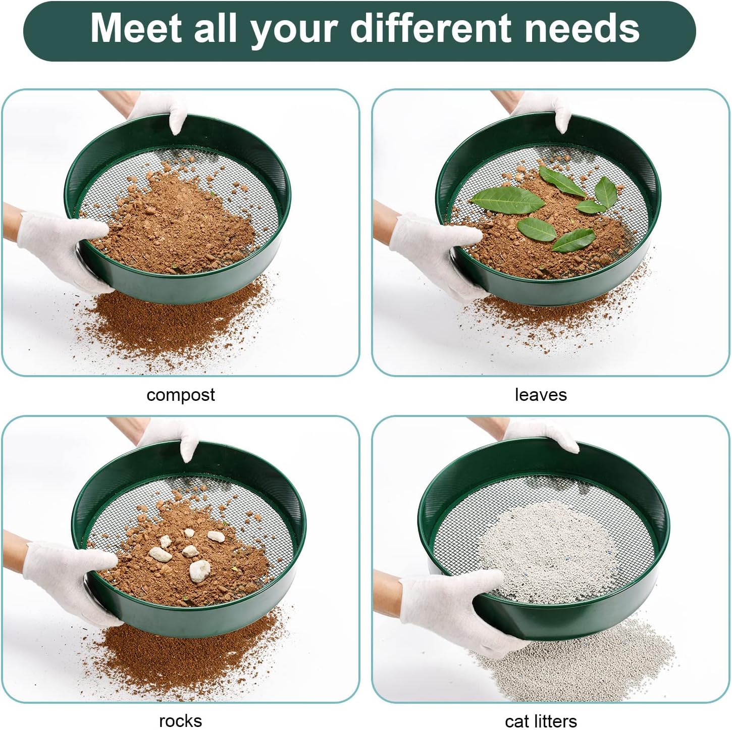 Garden sieve, soil sieve with interchangeable mesh sizes 3, 6, 9 and 12 mm, perfect garden tool for sifting soil, stones and compost.