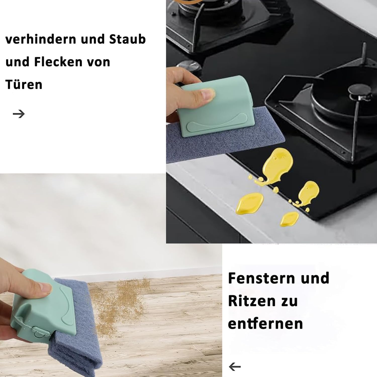 Cleaning brush with slot, 3 cleaning brushes and 6 replacement pads, kitchen cleaning set, for cleaning all corners windows doors, grey, green, cream-coloured