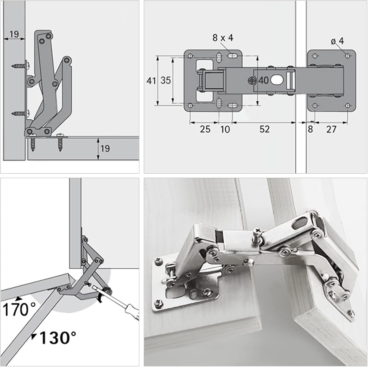 Spring-loaded hinge, 170 degrees, for kitchen cabinets, door hinges, large angle door hinges, angle stop, self-closing hinge, 4 pieces, improved version with buffer damping