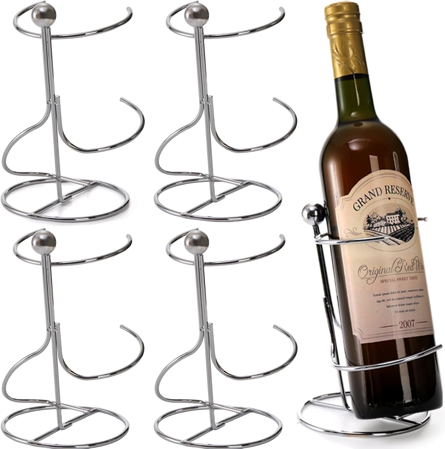 4 Packs Single Wine Rack Countertop, Silver Metal Small Holder, Floating Bottle Holder for Storage, Cabinet, Pantry, Unique Tabletop as Gifts Lovers