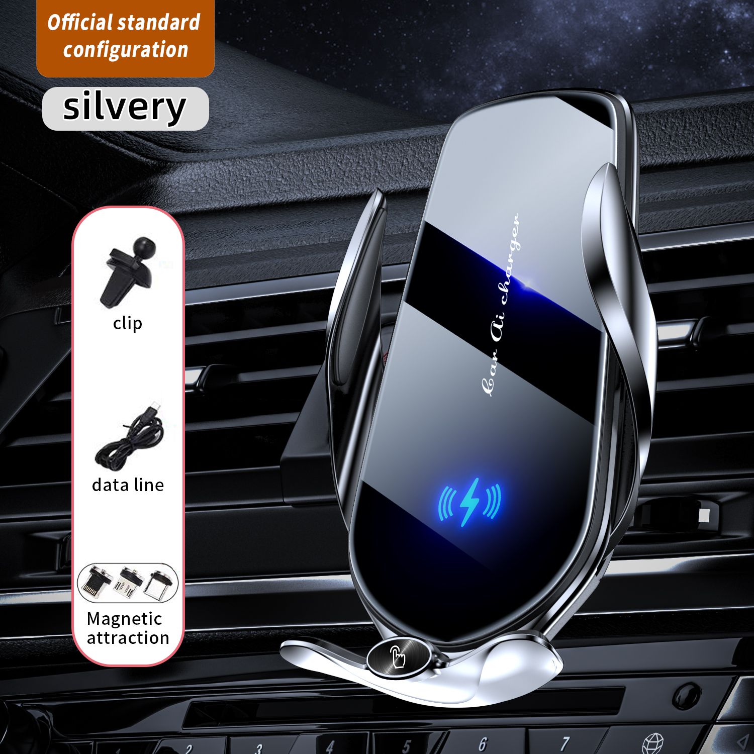 FJ22 Auto Clamping Wireless Car Charger Mount Infrared Air Vent Phone Holder,Silver