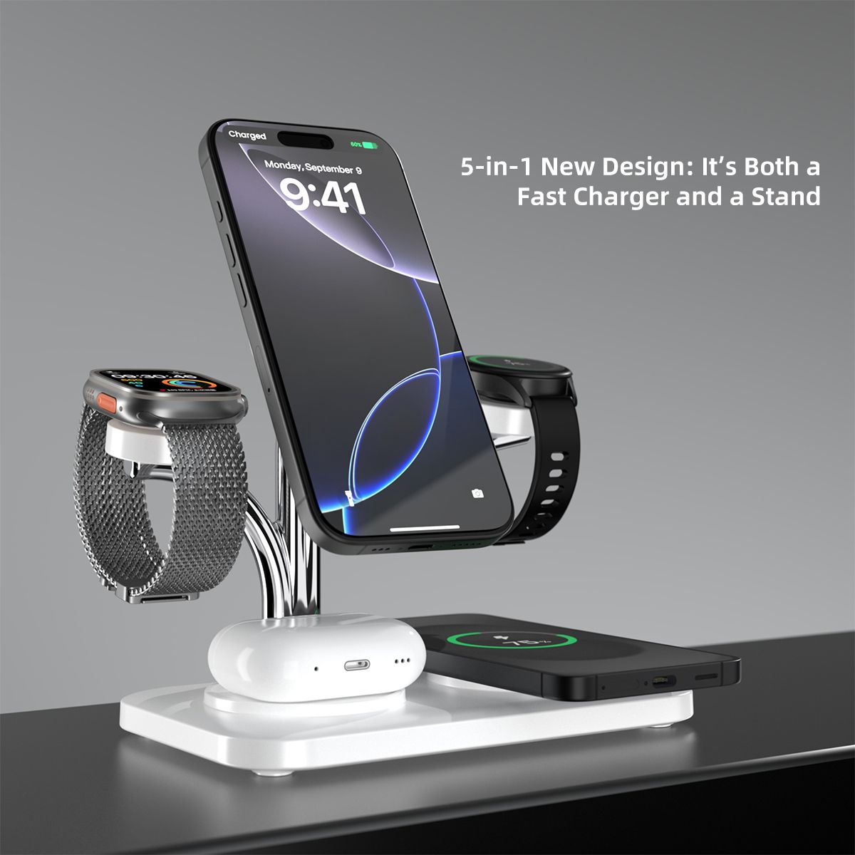 OC22 5-in-1 Wireless Charging Stand Multi Device Fast Charging Dock,white