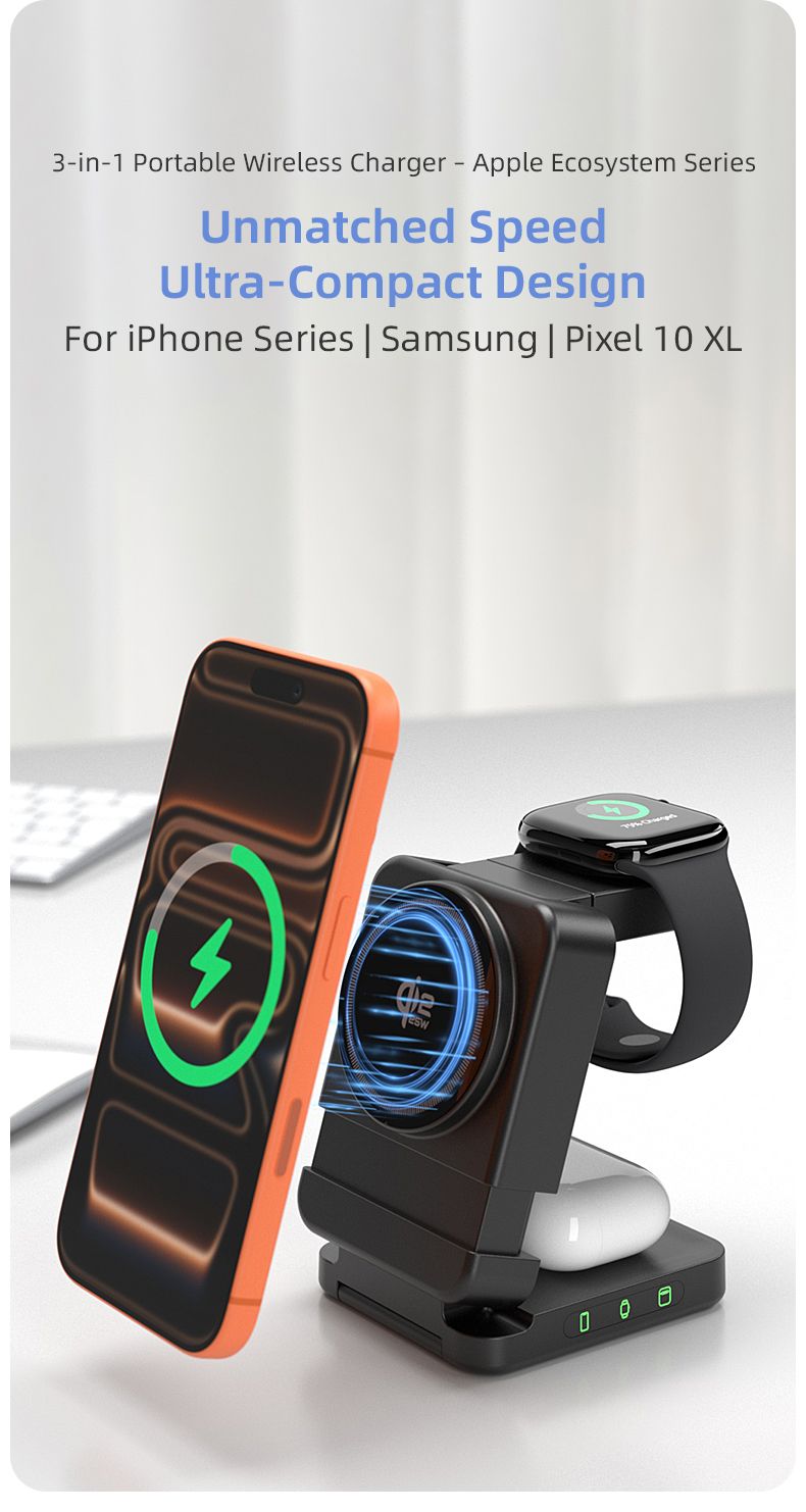 YF3 25W Foldable Rotatable Wireless Charger 3 in 1 Multi Device Charging Dock,black