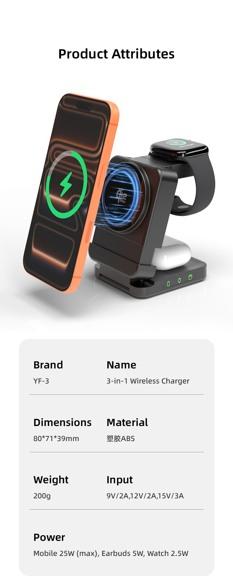 YF3 25W Foldable Rotatable Wireless Charger 3 in 1 Multi Device Charging Dock,white