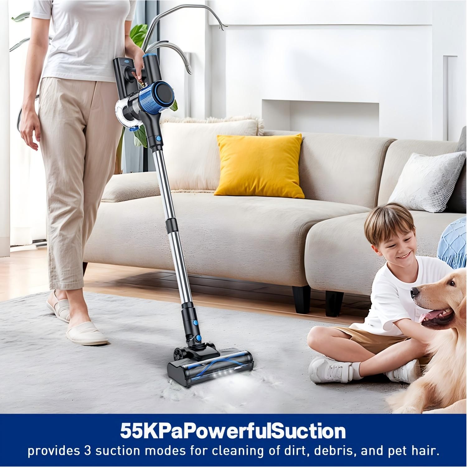 Cordless Vacuum Cleaner, 8 In 1 Powerful Suction Lightweight Vacuum Cleaner For Home, Led Display, 3 Suction Modes, 55Kpa Powerful Suction,45mins Detachable Battery Vacuum For Hard Floor Carpet Pet Hair