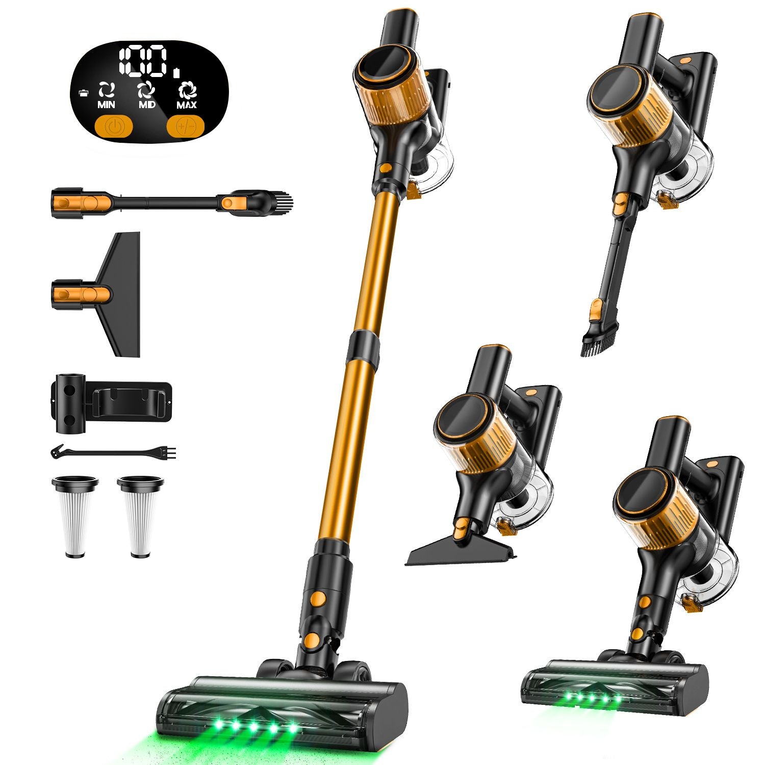 Cordless Vacuum Cleaner, 55Kpa Powerful Suction,8-in-1 Powerful Stick Vacuum Cleaner with Anti-tangle Brush And Upgraded Green Light, 2200mAh. 45 Minute Run Time Rechargeable Lightweight Vacuum Cleaner for Hardwood Floors, Carpets And Pet Hair.