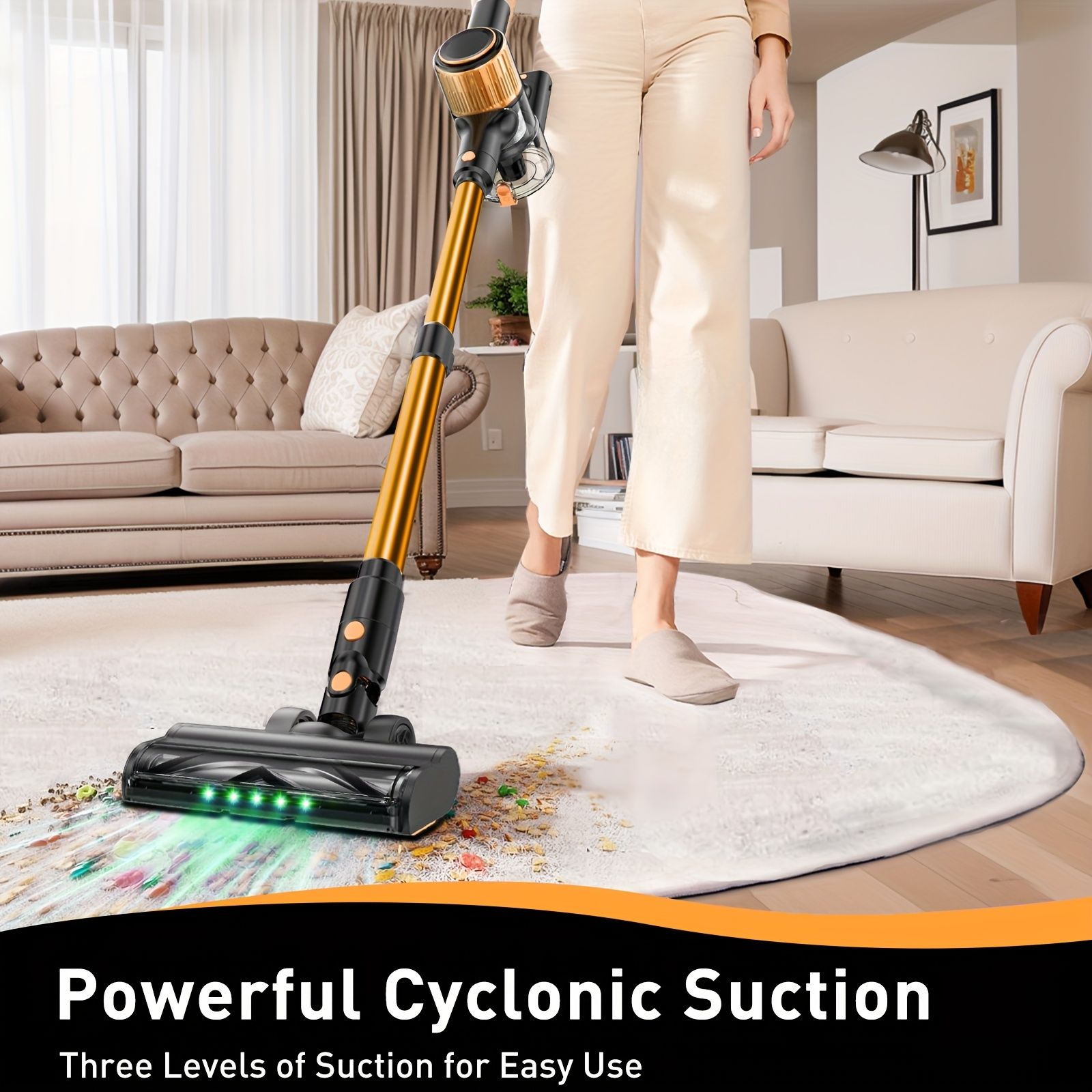 Cordless Vacuum Cleaner, 55Kpa Powerful Suction,8-in-1 Powerful Stick Vacuum Cleaner with Anti-tangle Brush And Upgraded Green Light, 2200mAh. 45 Minute Run Time Rechargeable Lightweight Vacuum Cleaner for Hardwood Floors, Carpets And Pet Hair.