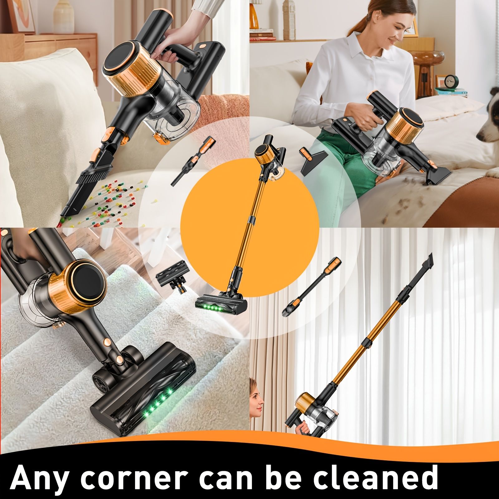 Cordless Vacuum Cleaner, 55Kpa Powerful Suction,8-in-1 Powerful Stick Vacuum Cleaner with Anti-tangle Brush And Upgraded Green Light, 2200mAh. 45 Minute Run Time Rechargeable Lightweight Vacuum Cleaner for Hardwood Floors, Carpets And Pet Hair.