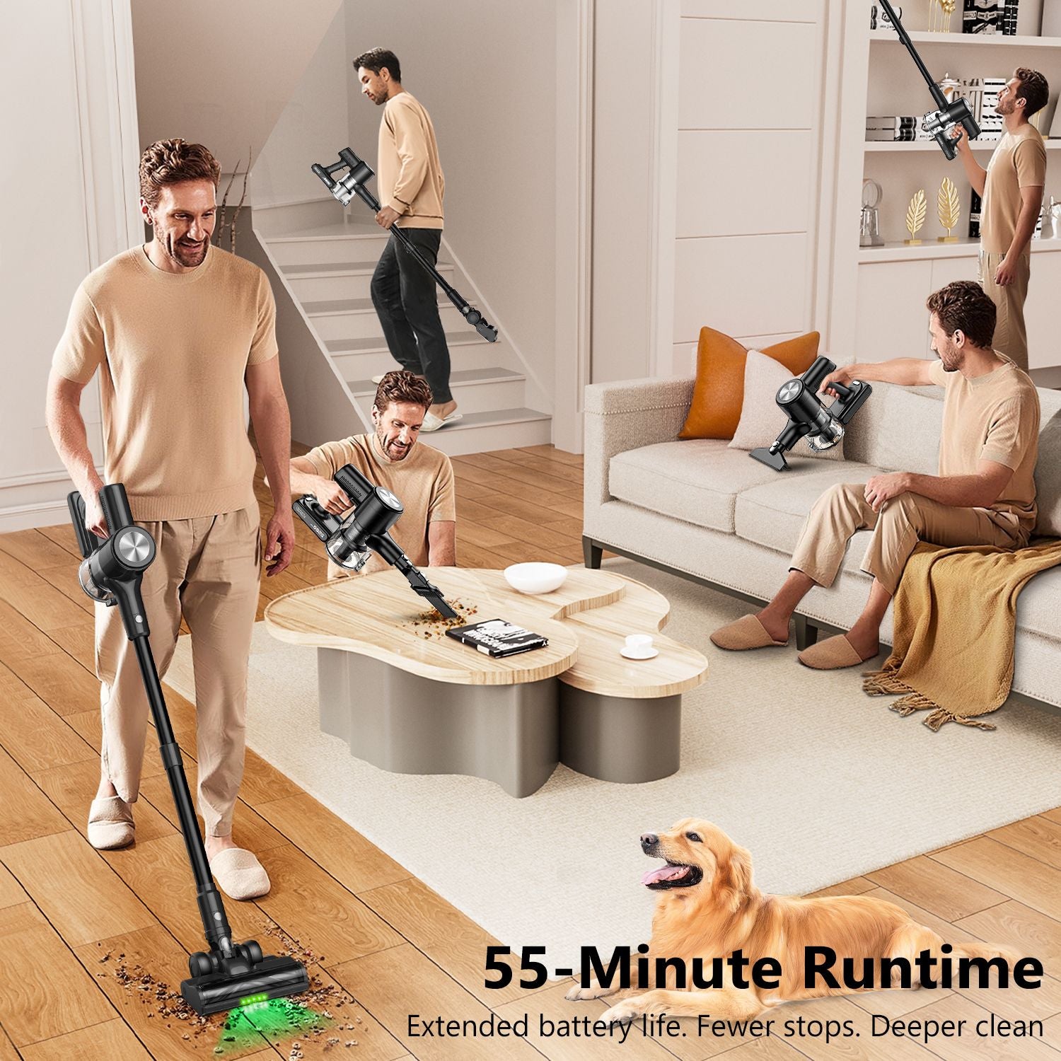 Cordless Vacuum Cleaner, 55Kpa/55Mins Vacuum Cleaners for Home. Self-Standing Stick Vacuum with Rechargeable Dock,LED Display & Anti-Tangle,Lightweight Rechargeable Vacuum for Carpet,Floor