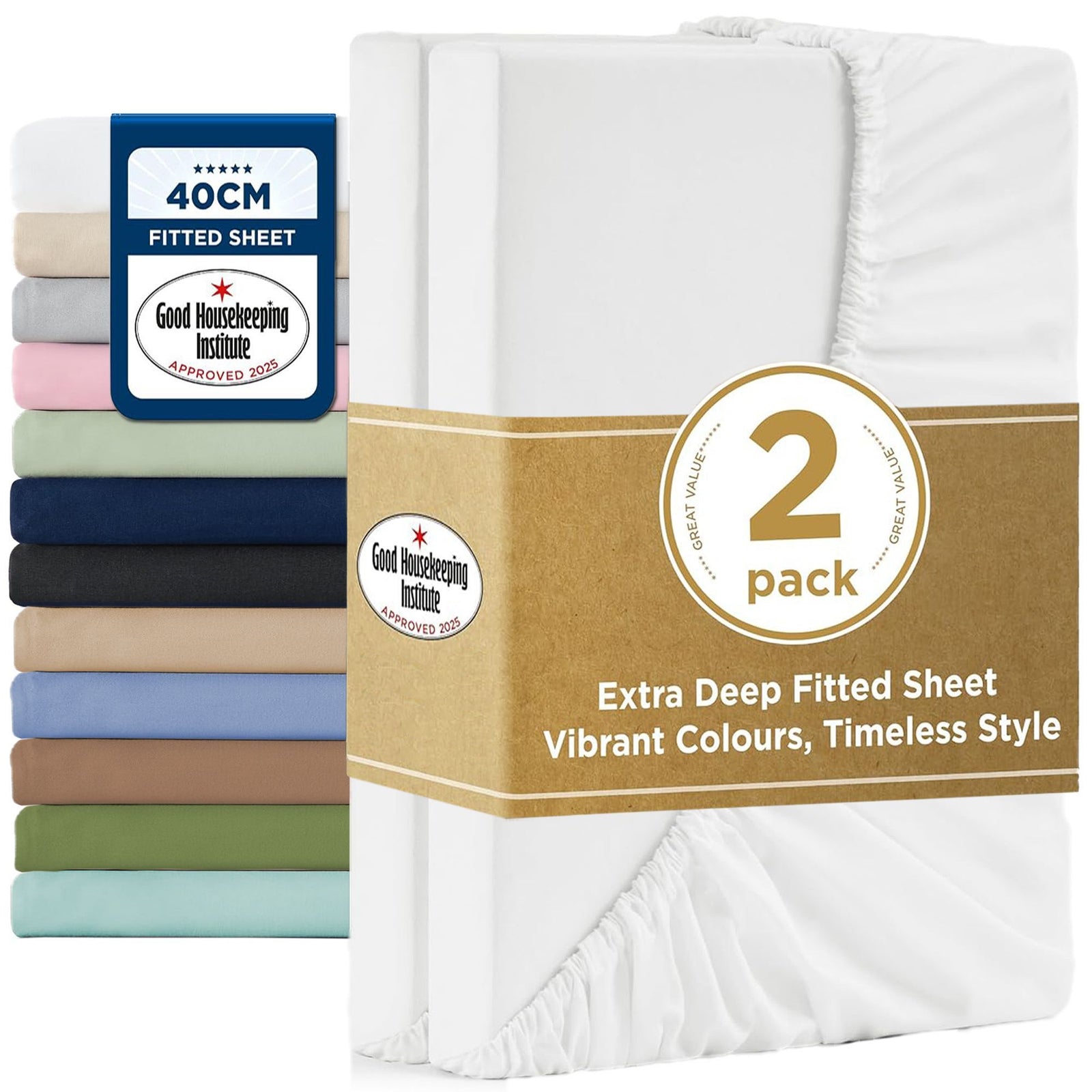 2000TC Hotel Quality Fitted Sheets - 2 Piece Fitted Sheets -Breathable Bedding - Wrinkle, Fade, Stain Resistant- 16inch/40cm Deep Pocket Fitted Bed Sheets-Wrinkle and Fade Resistant,(White,King)