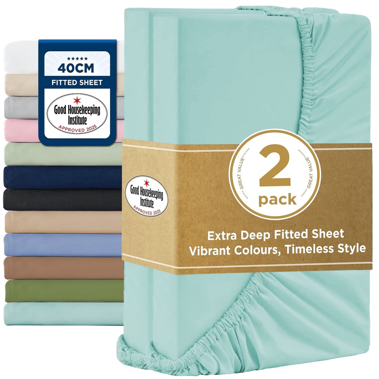 2000TC Hotel Quality Fitted Sheets - 2 Piece Fitted Sheets -Breathable Bedding - Wrinkle, Fade, Stain Resistant- 16inch/40cm Deep Pocket Fitted Bed Sheets-Wrinkle and Fade Resistant,(Ice blue,King)
