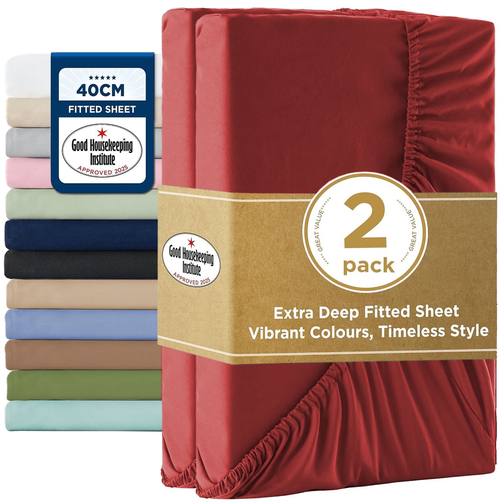 2000TC Hotel Quality Fitted Sheets - 2 Piece Fitted Sheets -Breathable Bedding - Wrinkle, Fade, Stain Resistant- 16inch/40cm Deep Pocket Fitted Bed Sheets-Wrinkle and Fade Resistant,(Red,King)