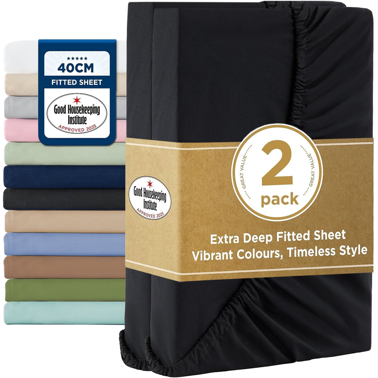2000TC Hotel Quality Fitted Sheets - 2 Piece Fitted Sheets -Breathable Bedding - Wrinkle, Fade, Stain Resistant- 16inch/40cm Deep Pocket Fitted Bed Sheets-Wrinkle and Fade Resistant,(Black,King)